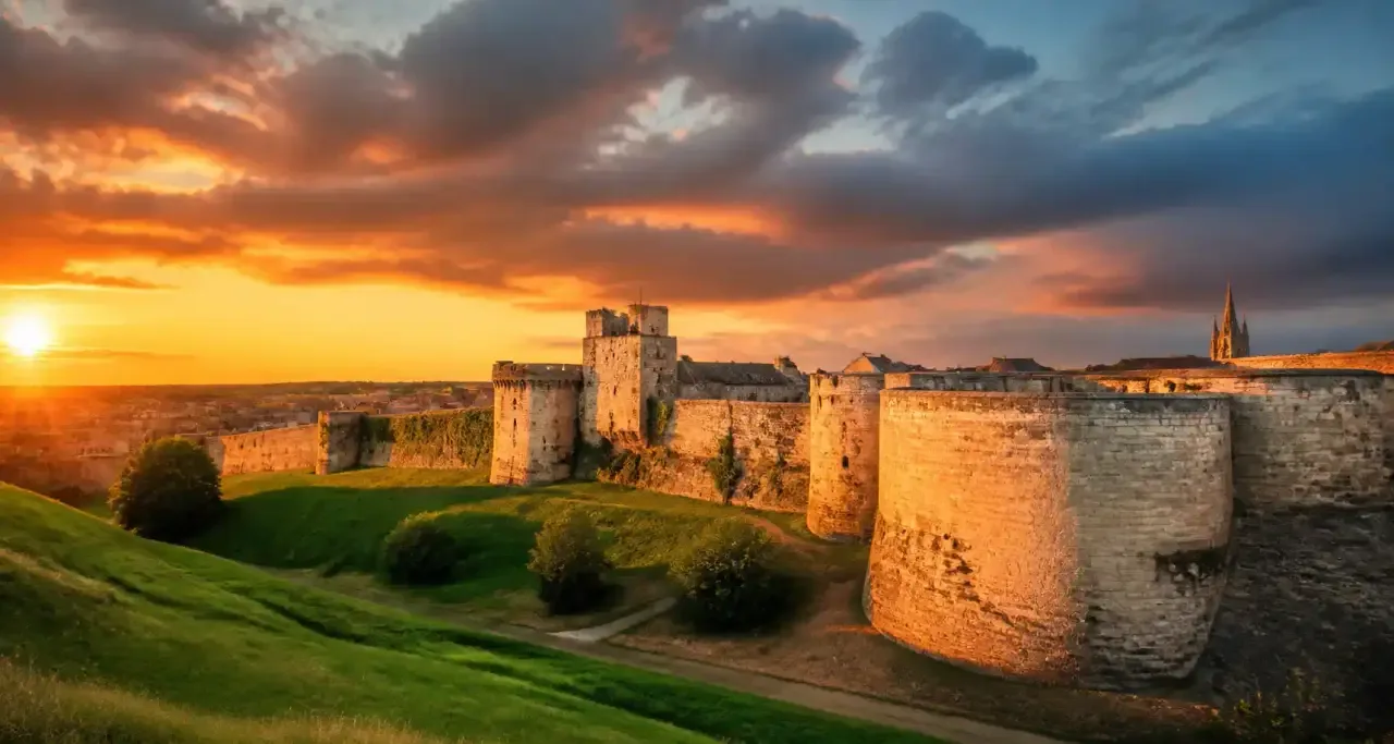 Le château de Caen et ses remparts médiévaux au coucher du soleil