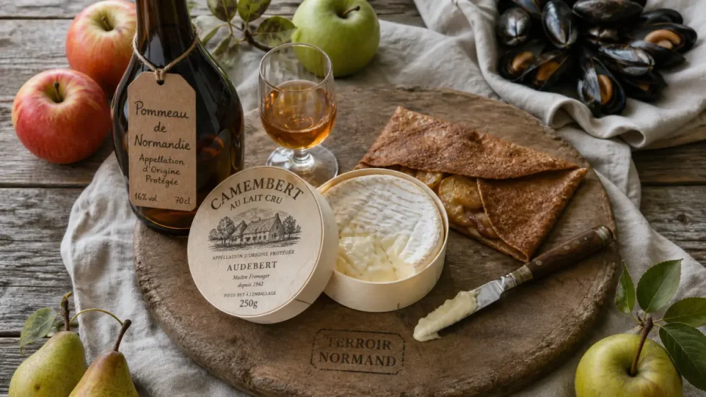 Normandie terroir : cidre et fromages AOP en circuits courts, planche normande
