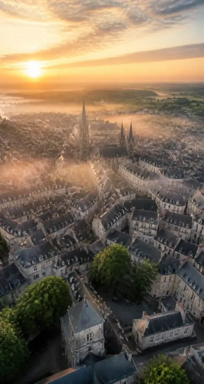 Vue aérienne des toits normands de Caen le matin