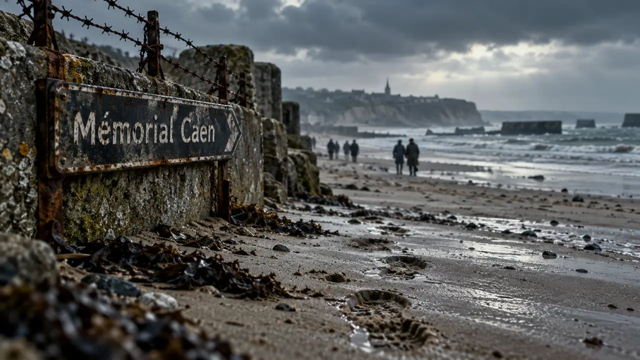 Caen et les plages du débarquement : muret et barbelés sur la plage près d’Arromanches