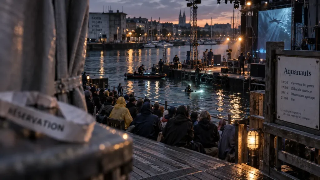 Caen la mer tourisme aquanauts : soirée au port, techniciens et public au crépuscule