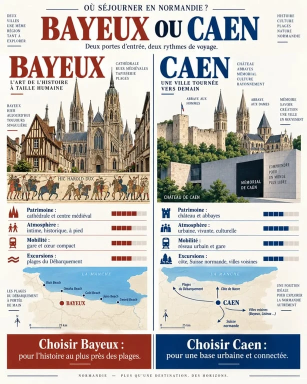 Infographie pour visiter Caen ou Bayeux : comparaison du patrimoine, de l’ambiance et des excursions