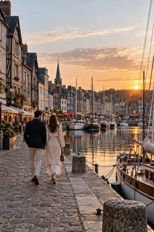 Week-end amoureux en Normandie sur le Vieux Bassin de Honfleur au coucher du soleil