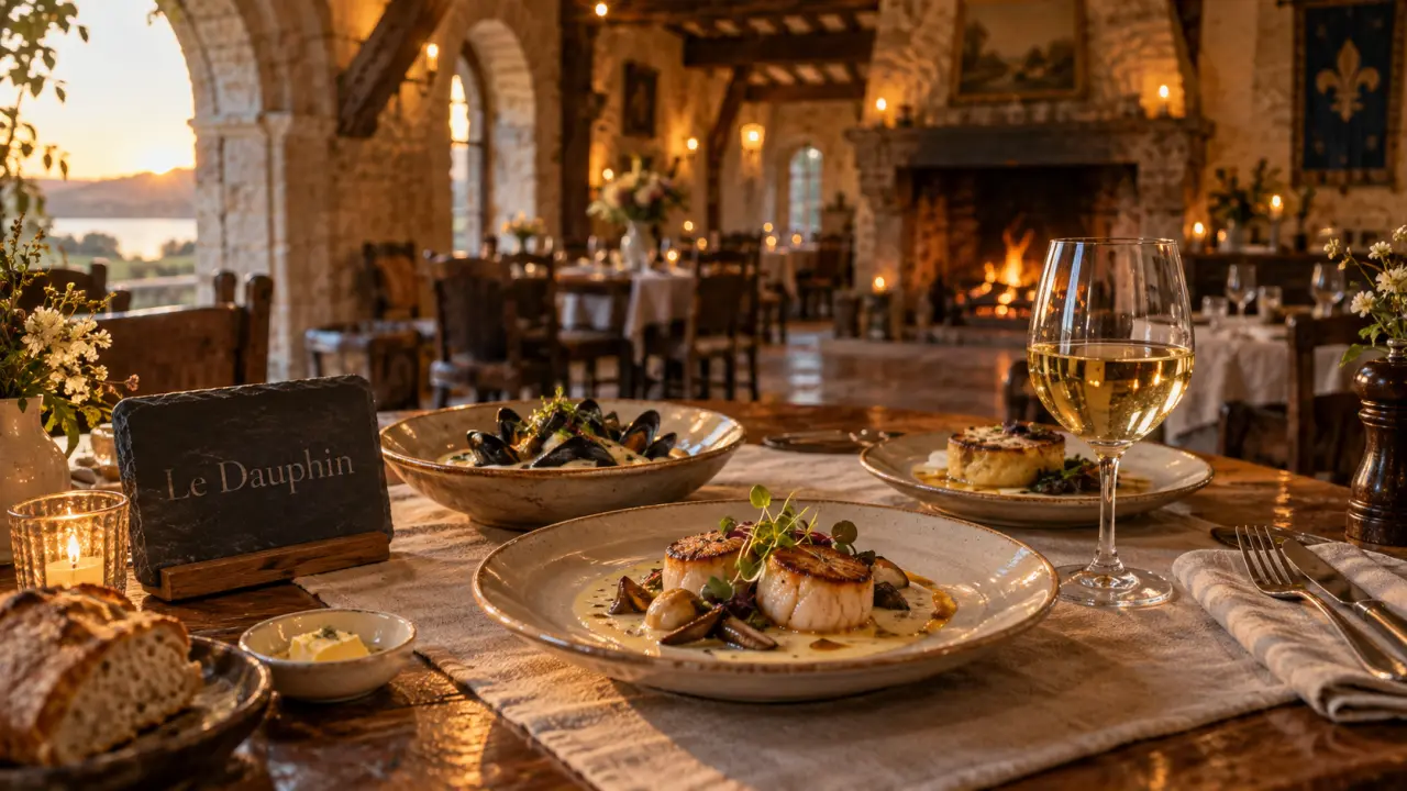 Restaurant le dauphin caen : cuisine normande, cheminée en pierre et poutres historiques