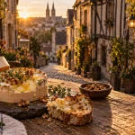 Restaurants du vaugueux Caen, ruelle en golden hour avec table et fromage