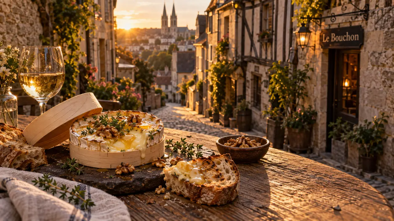 Restaurants du vaugueux Caen, ruelle en golden hour avec table et fromage