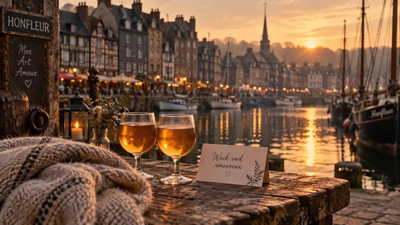 Week end amoureux normandie : quai de Honfleur doré, deux verres à cidre