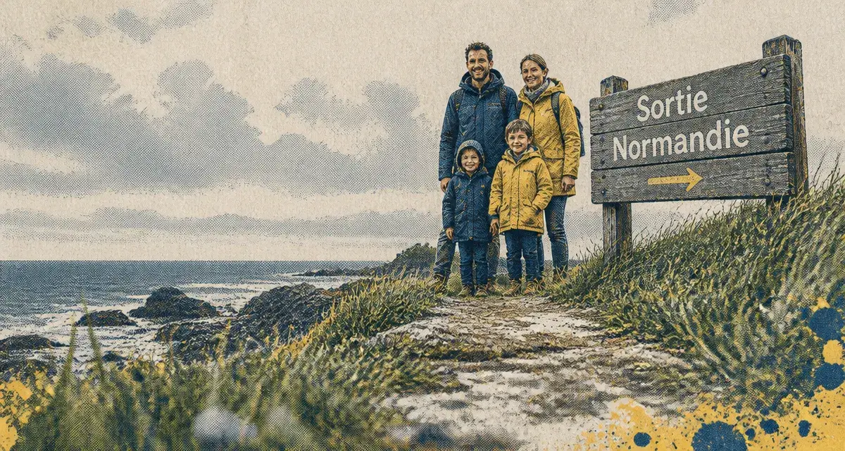Activités normandie en famille : sortie bord de mer, famille devant panneau
