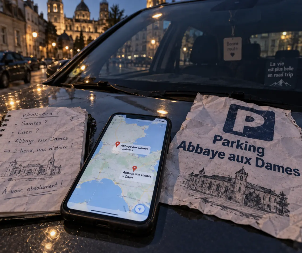 Parking abbaye aux dames : carte Saintes ou Caen sur pare-brise